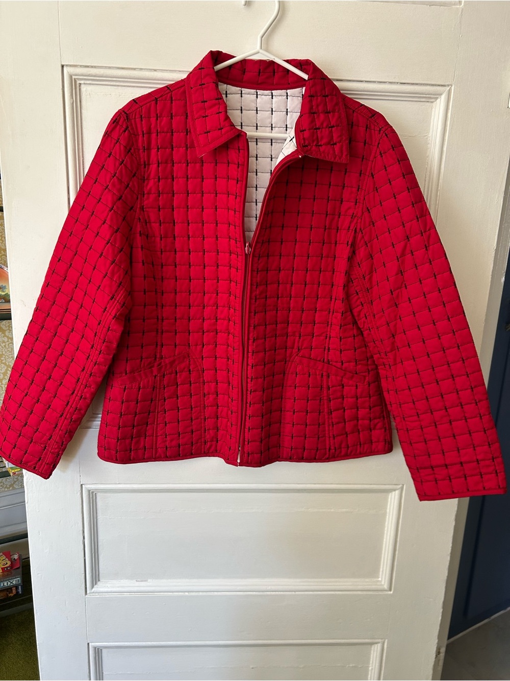 Classic Quilted Red Zip-Front Jacket. Reversible to white with red trim